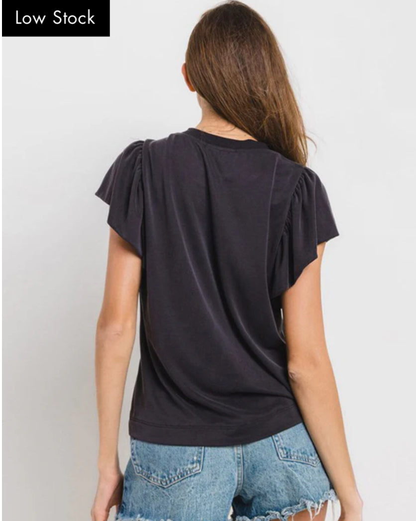 Black soft ruffle sleeve top