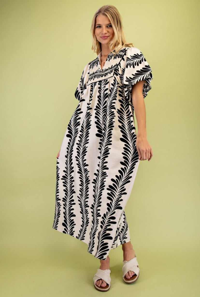 Cream & black leaf print maxi dress