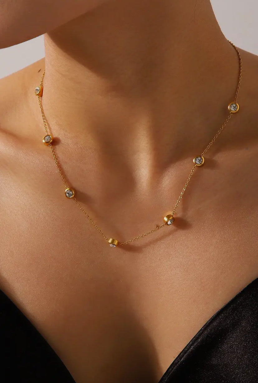 18K Gold rhinestone layering necklace tarnish-free