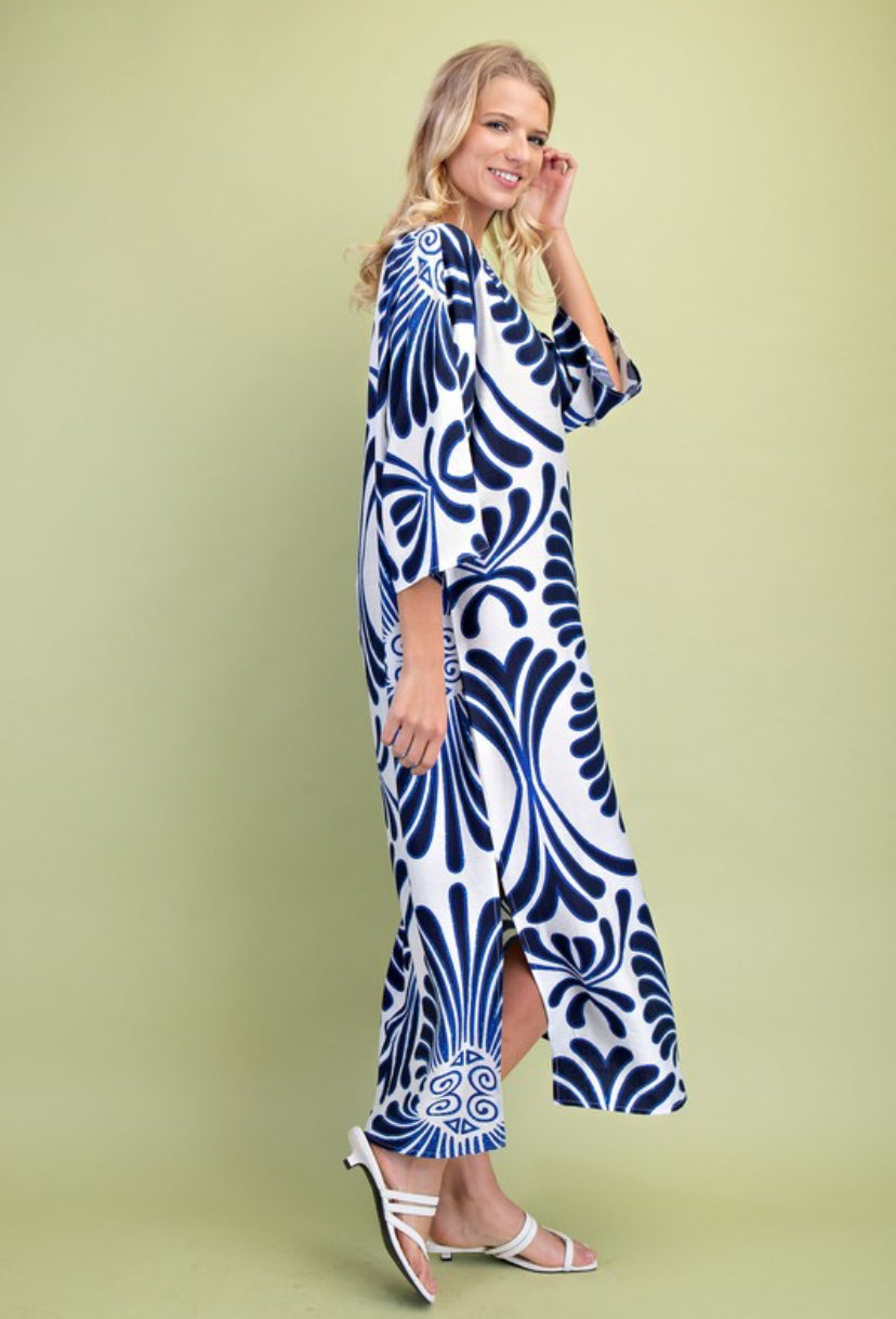 Blue Maxi dress caftan boat neck