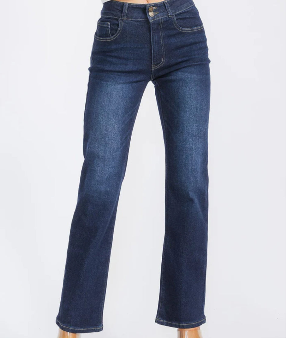 DARK WASHED DENIM WIDE LEG PANTS