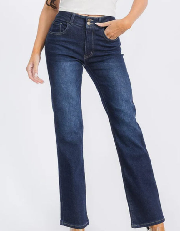 DARK WASHED DENIM WIDE LEG PANTS
