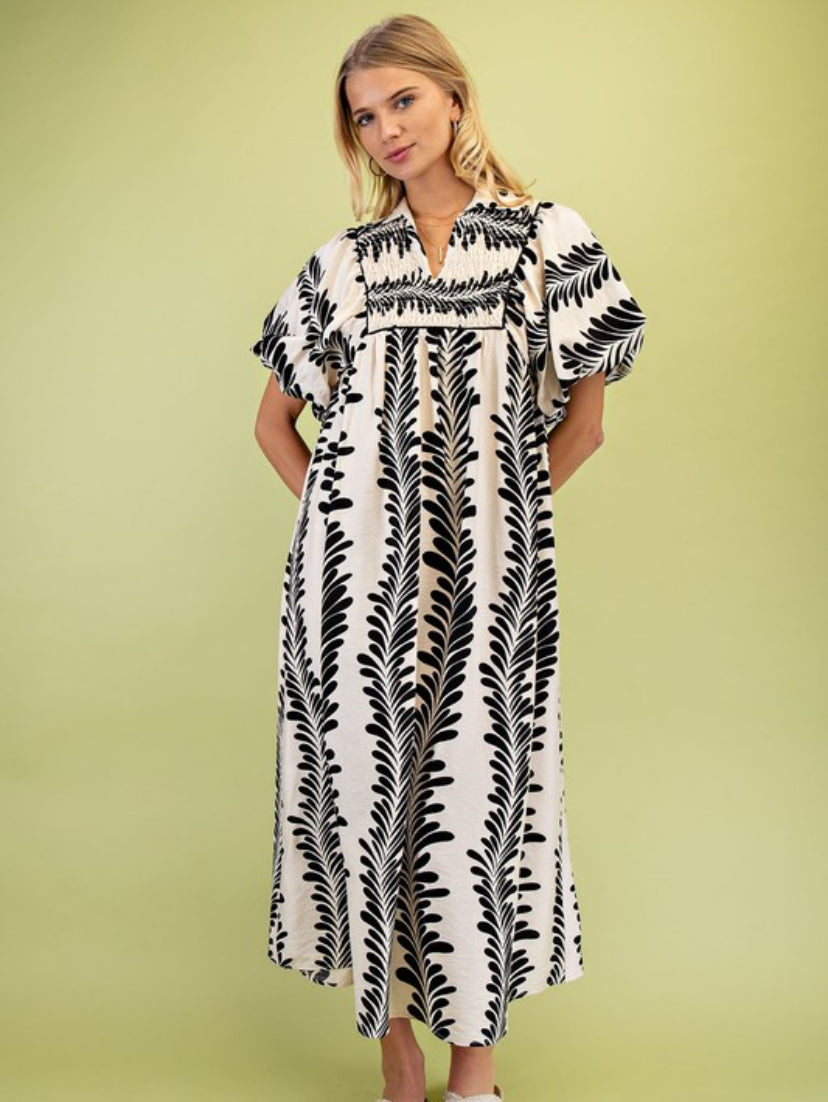 Cream & black leaf print maxi dress