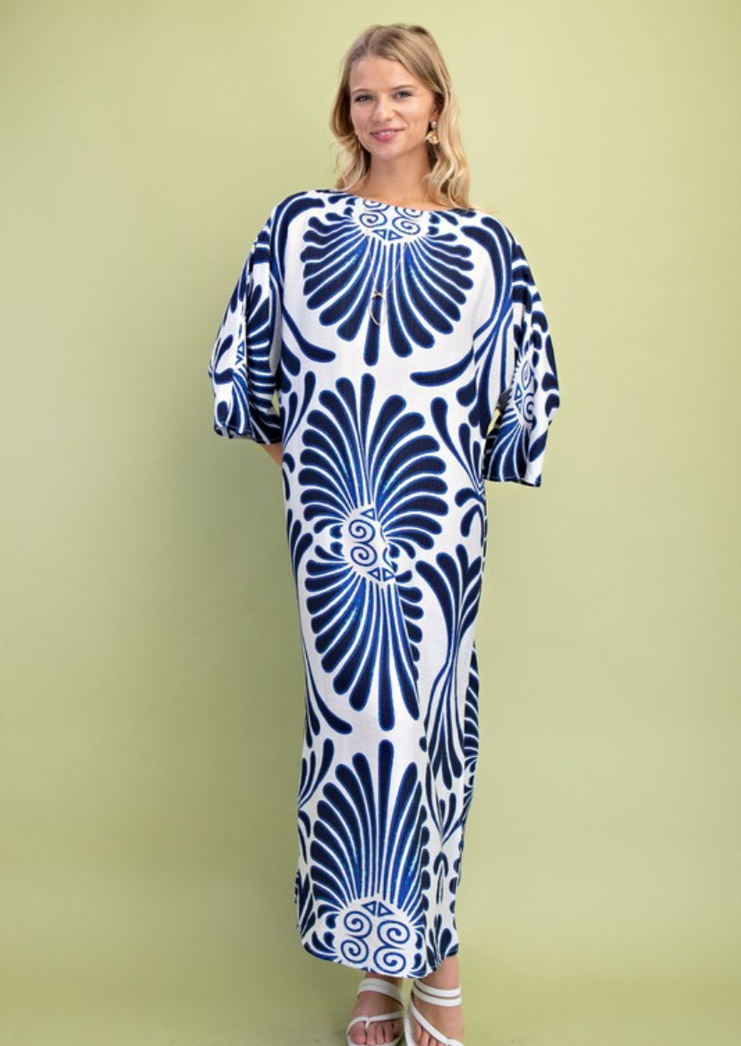 Blue Maxi dress caftan boat neck