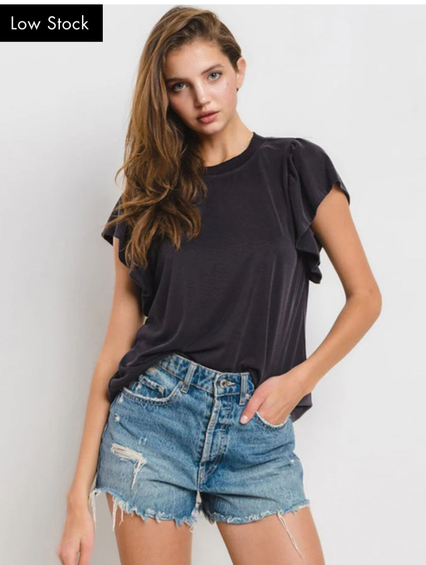 Black soft ruffle sleeve top