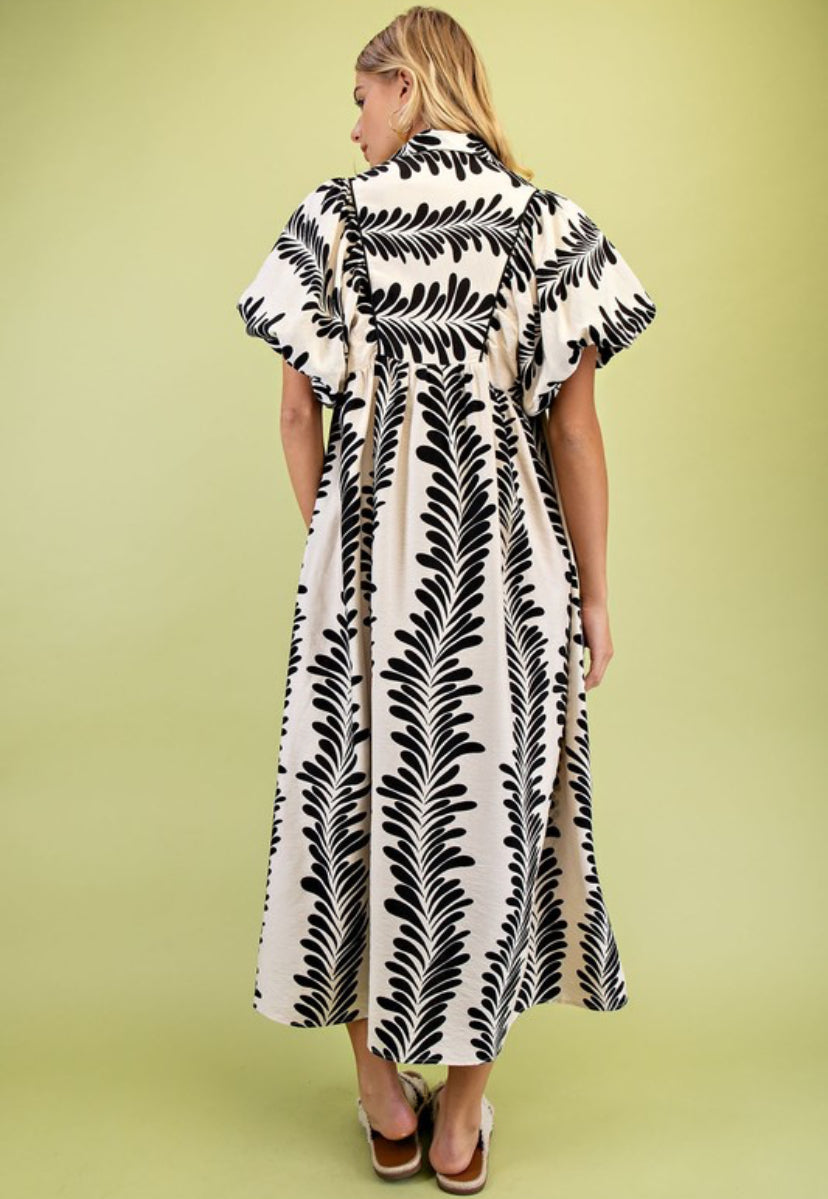 Cream & black leaf print maxi dress