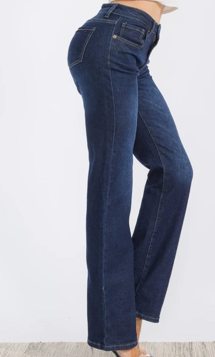 DARK WASHED DENIM WIDE LEG PANTS