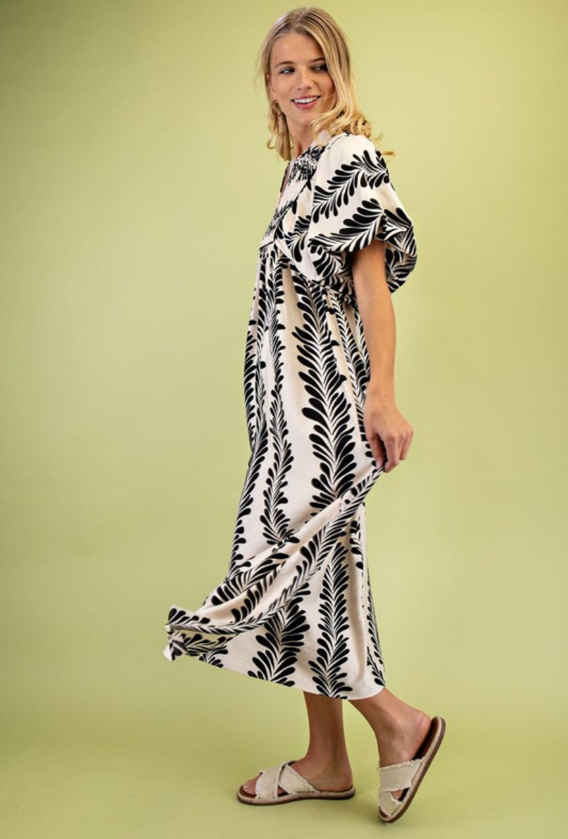 Cream & black leaf print maxi dress
